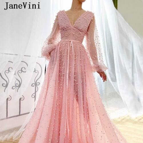 JaneVini Charming Pearls Pink Evening Dresses Long Sleeve 2020 V Neck A Line Floor Length Luxury Formal Puffy Tulle Evening Gown