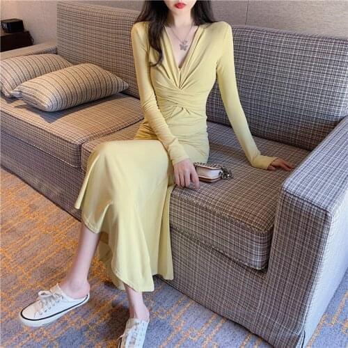 Solid Sexy Midi Dress Women Office Lady V-Neck Design Elegant Dress Casual Evening Party One Piece Dress Korean 2020 Autumn Chic