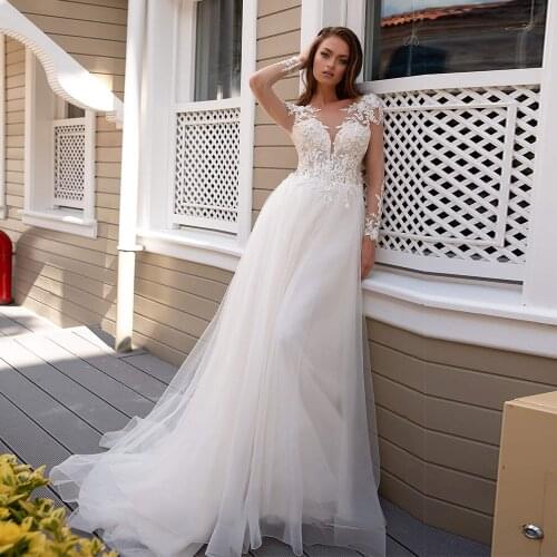 See Through Top Lace Appliques Long Sleeves Wedding Dresses Open Back A Line Tulle Floor Length Bridal Gowns 2021