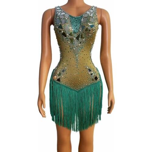 Sexy See Through Mirrors Rhinestone Tassel Bodysuits Women Stretch Fringes Latin Dance Dress Singer Dancer Leotard Stage Outfits