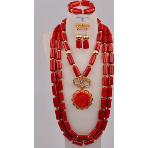 Gorgeous African Wedding Beads Red Coral Jewelry Set Nigerian Women Bridal Jewelry Sets 3C-A-03