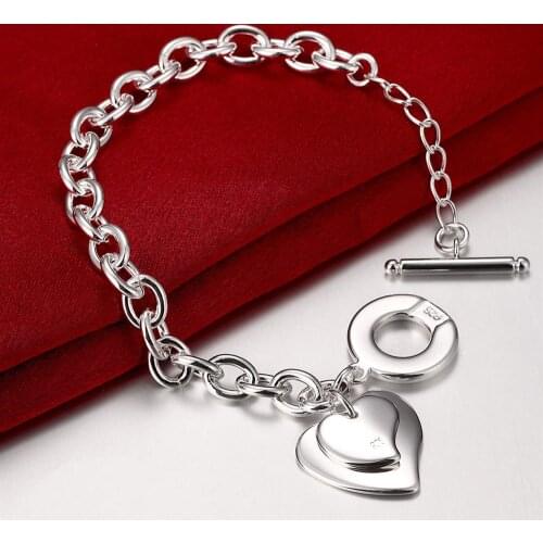 High quality 925 sterling silver romantic Double Heart card Pendant Bracelets for women Wedding party fashion Jewelry Gifts