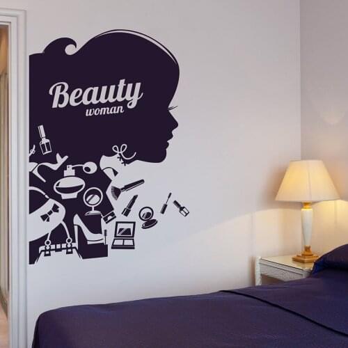 Woman Silhouette Wall Decal Beauty Salon Hair Stylist Makeup Cosmetics Fashion Mural Vinyl Sticker Girls Bedroom Home Decor M929