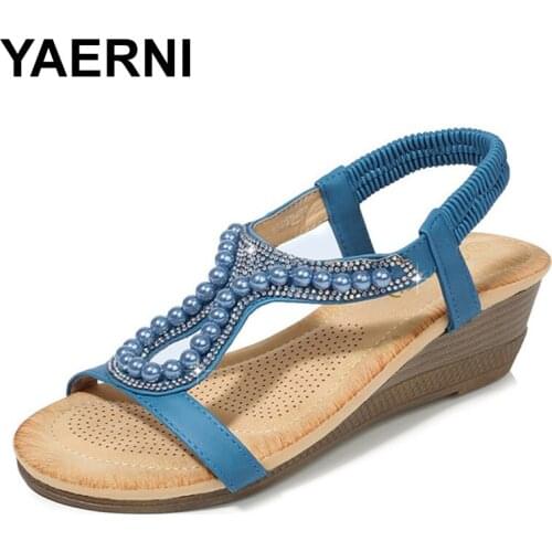 YAERNI 2019 Gladiator Hot Diamond Beads Sandals Women Fashion Party Wedding Comfort Wedge Shoes For Women Heels Med Rome Sandali