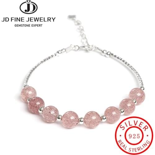 JD Strawberry Quartz Natural Stone 925 Silver Color Bracelet For Women Tubular Shape Pink Color Crystals Handmade DIY Jewelry