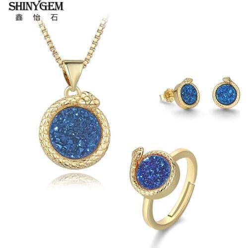 ShinyGem Snake Shape Multicolor Crystal Druzy Stone Jewelry Set Ring Pendant Stud Earrings Necklace For Women Fine Jewelry Set