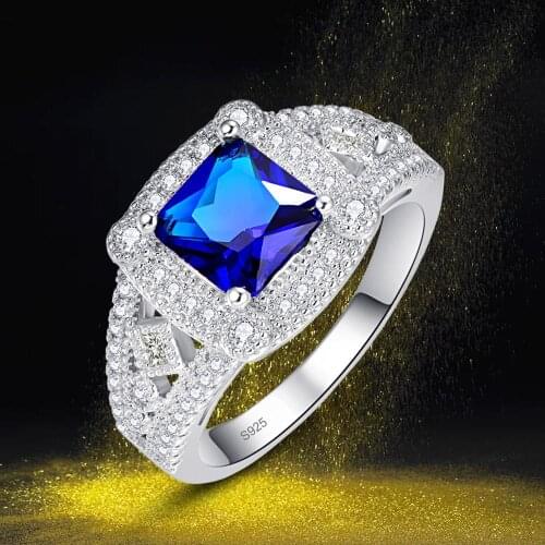 J.C Princess Cut Sapphire Quartz & White Topaz 925 Sterling Silver Ring Size 6 7 8 9 Women Blue Wedding Fine Jewelry Gift