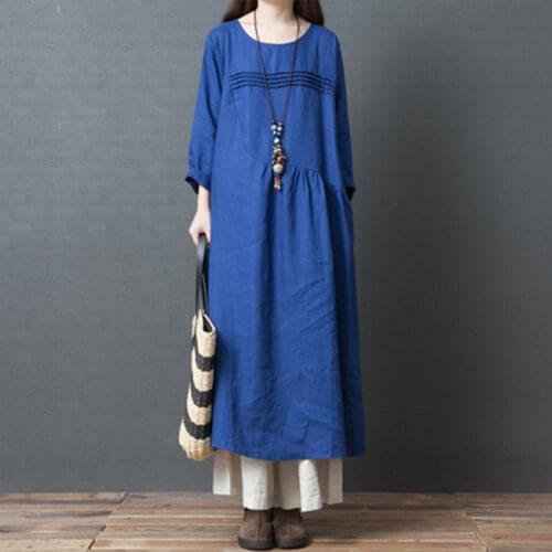 Solid color soft cotton linen dress long sleeve plus size loose casual women summer midi dress