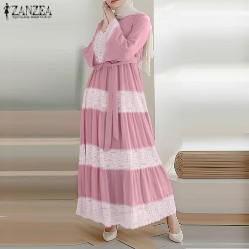 Womens Spring Dress Vintage Dress ZANZEA Retro Long Sleeve Muslim Dresses Casual Abaya Hijab Dress Vestido Crew Neck Long Robe
