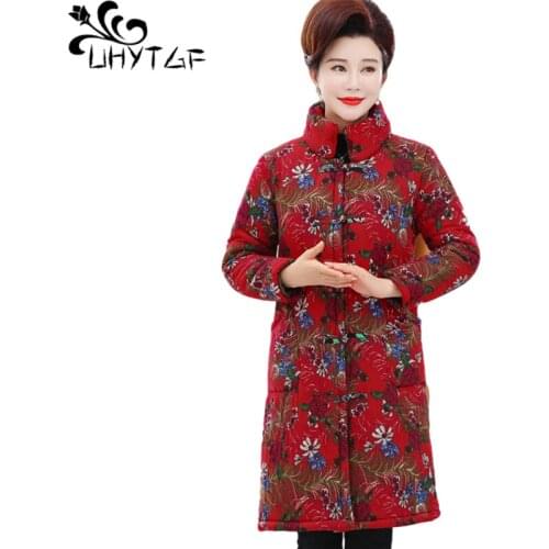 UHYTGF Vintage Print Winter Cotton Jacket Middle-Aged Elderly Womens Warm Parker Coat Plus Velvet Thick Large Size Outwear 1218