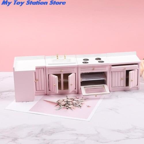 1:12 Dollhouse Miniature Pink Theme Corner Cabinet Wash Basin Cooking Bench Doll House Accessories