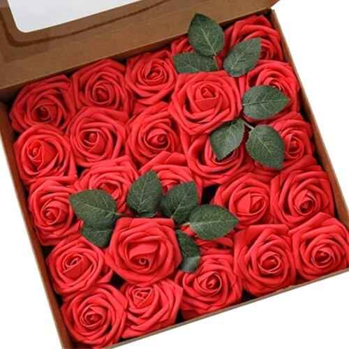25pcs Wedding Bouquets Foam Fake Roses Artificial Flowers Plus Leaves With Stems Gift Flowers Box Home Decor Bubble Flower