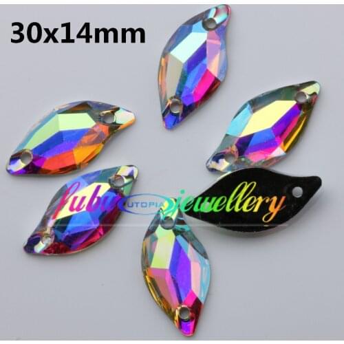 Free Shipping, 50pcs/Lot, 30x14mm Crystal AB / Clear AB Flat Back #3254 Diamond Leaf Sew On Stones