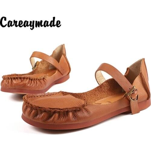 Careaymade-Genuine leather sandals Retro national womens shoes cowhide flat heel beans shoes button comfortable womens shoes