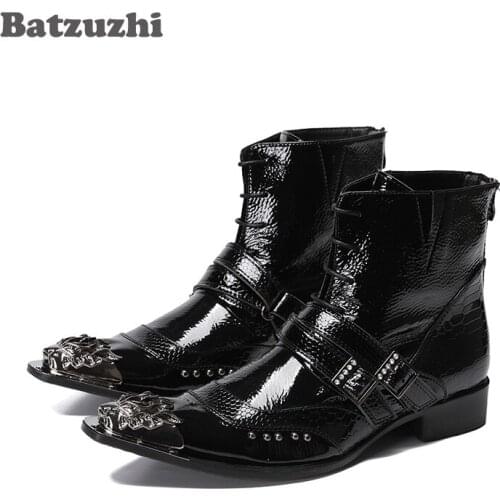 Batzuzhi Handmade Men Boots Pointed Metal Tip Genuine Leather Boots Western Cowboy Motorcycle Boots Black Cool Botas Hombre
