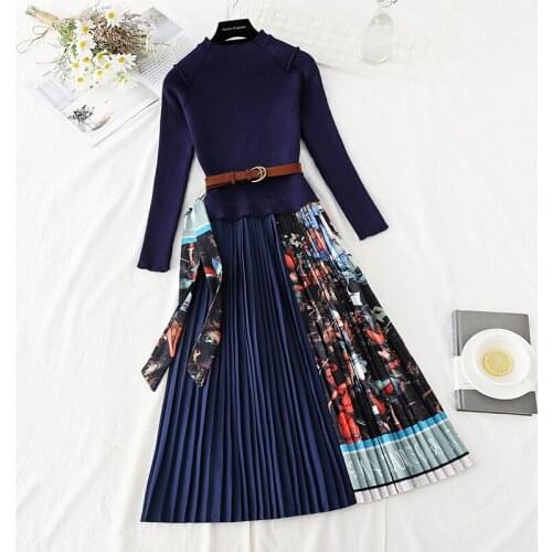 Elegant Knitted Patchwork Pleated Midi Dress 2020 Fall Winter Fashion Women Long Sleeve Ethnic Retro Printing Pleated Dress