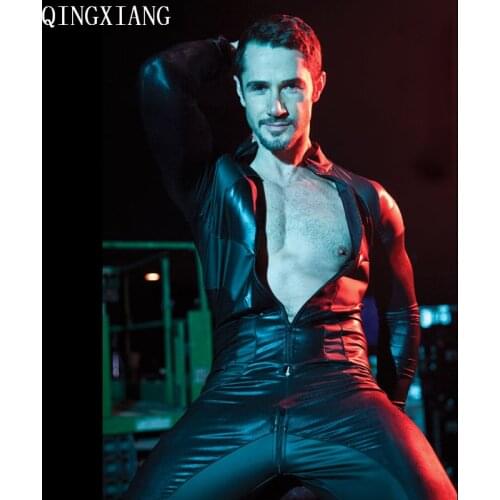 KH67 M-2XL Sexy High Quality Soft Leather Men Catsuit Front Crotch Zipper 2020 PU New Bodysuit Fetish Costume Erotic Lingerie