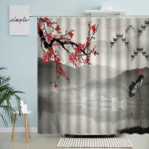 Chinese Ink Painting Shower Curtain Landscape Scenery Flowers Plants Bamboo Bathroom With Hook Waterproof Curtains Home Decor