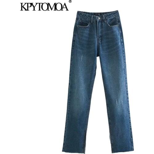 KPYTOMOA Women 2020 Chic Fashion Denim Pants With Hem Vents Flared Jeans Vintage High Waist Zipper Fly Female Trousers Mujer