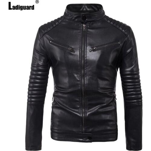 Ladiguard Plus Size 3xl Mens Pu Leather Jackets Autumn 2021 Pleated Motorcycle Jacket Faux Leather Coats Pocket Zipper Overcoat