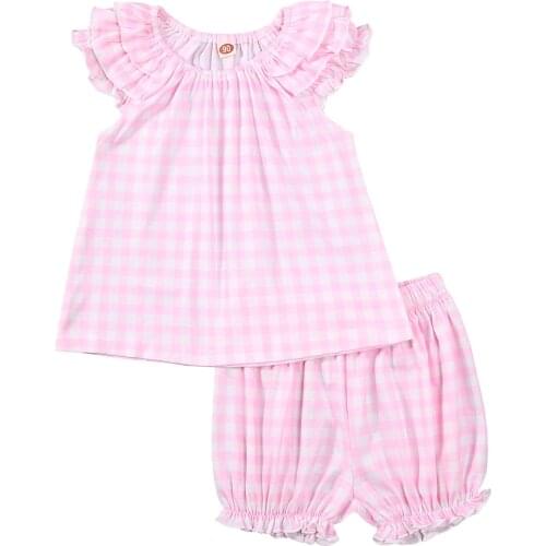 2 Pcs Toddler Summer Pajamas, Baby Girls Plaid Ruffle Sleeve Round Neck Pullover + Shorts 3-7T