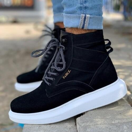 Knack High Outsole Casual Male Shoes B-404 Black Suede (White Bottom) street Fashion Season New Creation Cool Comfortable Style