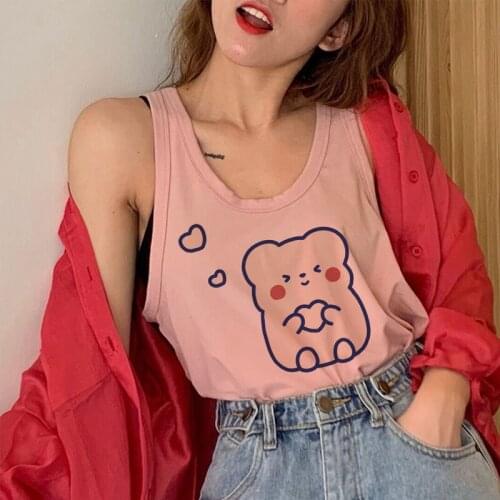 Y2k Harajuku Tank Tops Japanese Cute Sweet Vest Tops Bear Planet Fashion Sleeveless Kawaii Casual Loose Cartoon Summer T-shirt