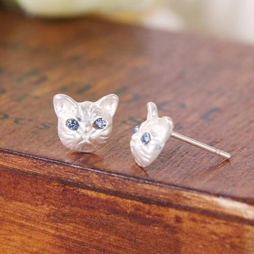 Cute Small Cat Shiny Crystal Blue Purple Eye Black White Golden Stud Earrings for Women