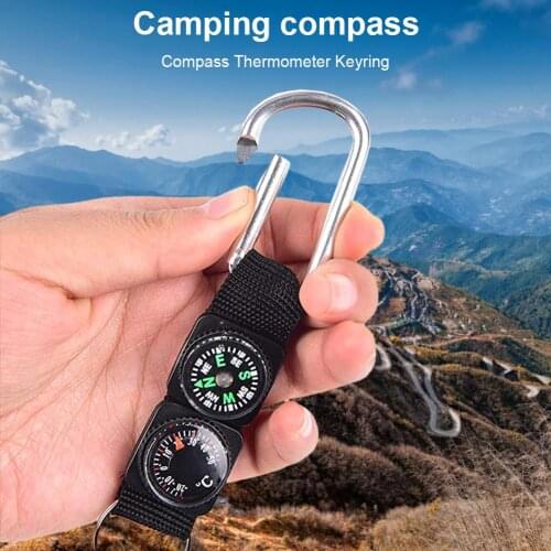 Multifunction 3 In 1 Camping Climbing Hiking Mini Carabiner W Keychain Compass Thermometer Hanger Key Ring For Outdoor Sports