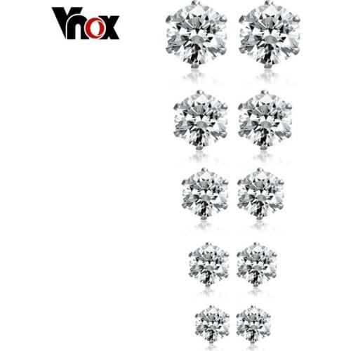 Vnox Bling Studs Earrings Round Cut Cubic Zirconia Stainless Steel 3-7MM 5Pairs Earrings Set for Women Men Brincos