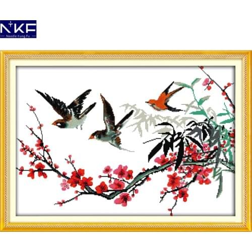 NKF The Birds with Branches Animail Pattern Handmade Craft Needlework Cross Stitch Embroidery Kit Cross Stitch for Home Decor