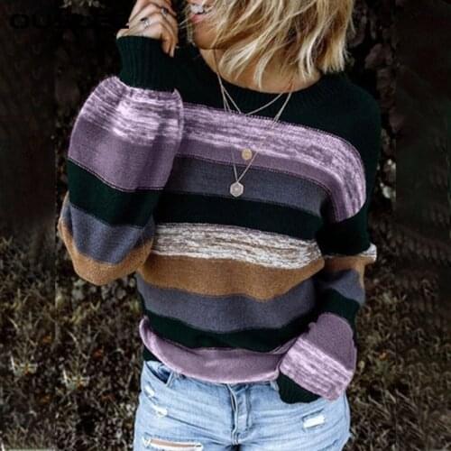 OUSLEE New Women Striped Sweater Spring Autumn O Neck Long Sleeve Sweaters Loose Knit Pullover Femme Patchwork Pull Knitted Tops