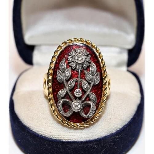 Antique Style 18k Gold New Made Natural Diamond Decorated Enamel Strong Ring