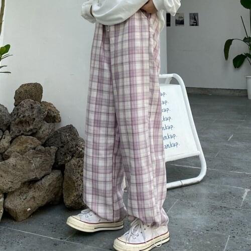 Japanese Harajuku Streetwear Plaid Pants Women Fashion Pink High Waist Casual Loose All-Match Trousers Hip Hop Harem Pants