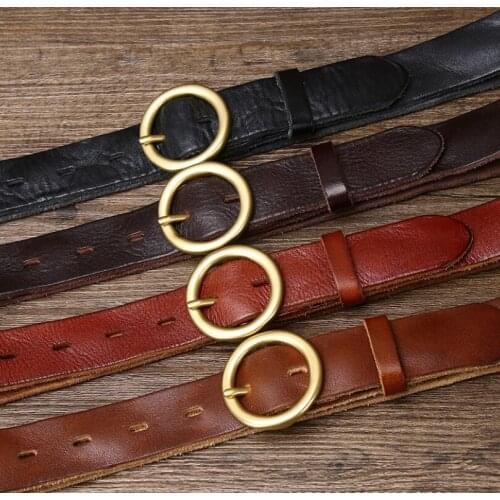 Personalized Fashion Retro Couple Circle Buckle Belt Leather Pin Buckle Pure Cowhide All-Match Unisex Denim Belt