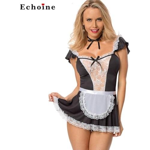 Women Naughty Dress Sexy Maid Costume Bodycon Backless Bandage Lace Trim Charming Cosplay Outfits Lady Party Halloween Clothes