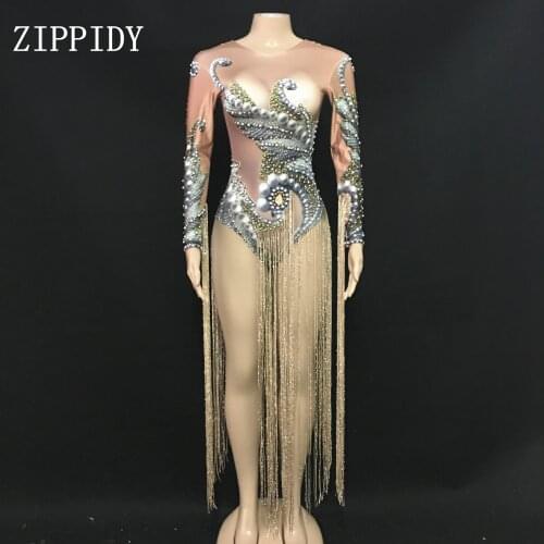 Sexy Women Gold Fringes Costume Leotard female singer DJ Nightclub show Tassel Bodysuit Stage Performance Outfit