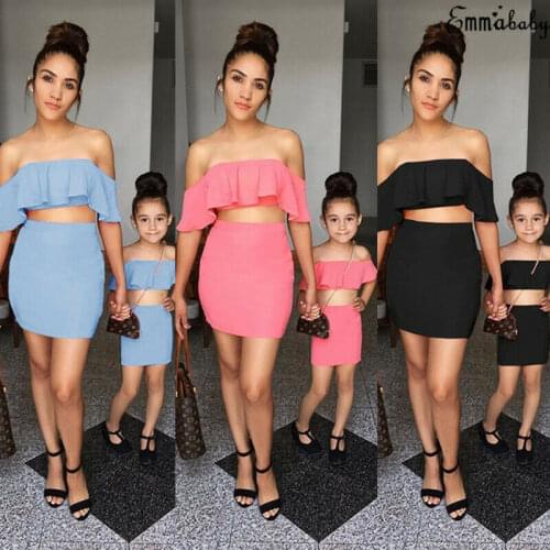2019 Family Matching Girl Kid Outfits Ruffle Tops T-shirt Skirt Mini Dress Set