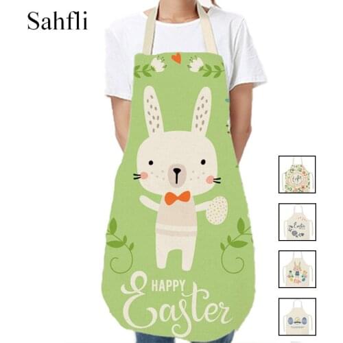 Cute Easter Bunny Printed Kitchen Apron for Adult Kid Cotton Linen Aprons Home Cooking Baking Waist Bib Pinafore Cleaning Tools