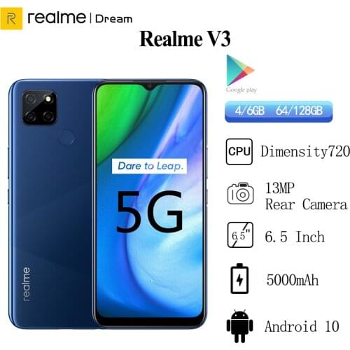 Realme V3 5G Mobile Phone Dimensity 720 Octa Core 6GB/8GB RAM 64GB/128GB ROM 5000mAh Battery 18W Fingerprint Cellphones