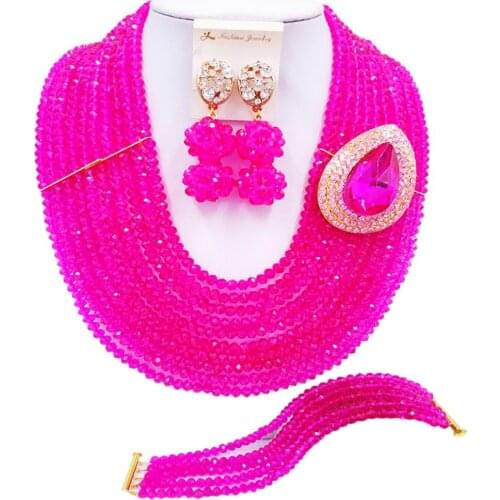 Bridal Wedding Set Classic Hot pink Crystal Beaded Nigeria Wedding African Jewelry Set Free Shipping SJ-03