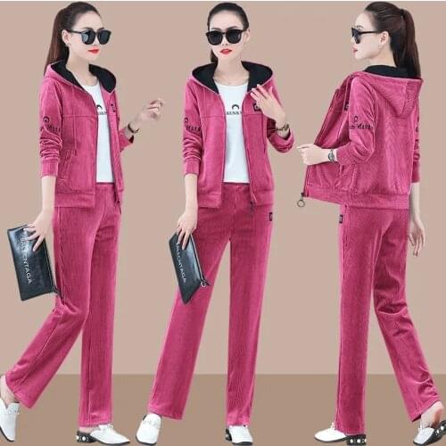 Corduroy Casual Tracksuit Women Spring Fashion Joggers Sweatsuit Three Piece Sets Embroidered Hooded Zip Up Sweatshirt Pantsuit