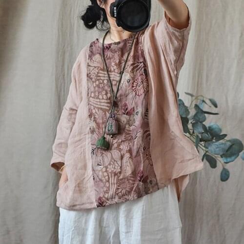 QPFJQD Ladies Patchwork Print Floral Tops 2021 Summer Autumn Loose Women Casual Retro Ramie Shirts And Blouse O-Neck