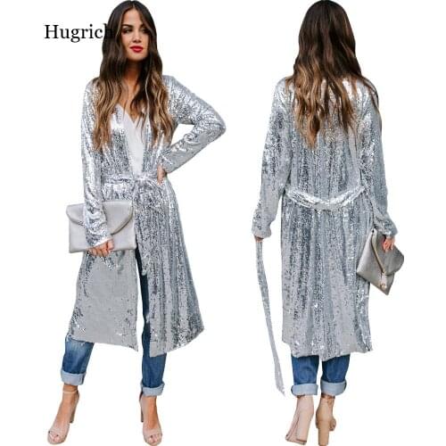 Fall Gradient Sequined Long Jackets Women Long Sleeve Open Stitch Loose Long Coats Streetwear Ladies Outwear Elegant Cardigans