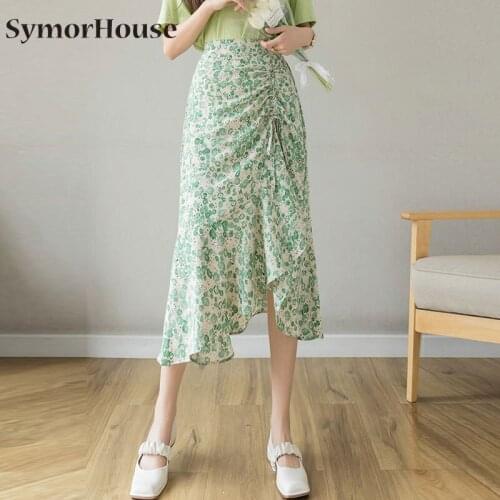 Elegant Chiffon Floral Printed Skirts Women 2021 Summer New Beach Style Midi A-Line Skirt Female Elastic Waist Casual Skirts