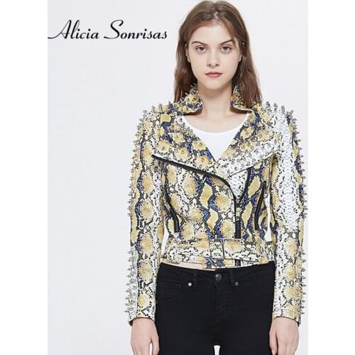 Women Print Graffiti Rivets PU Coats Punk Biker Motorcycle Cazadora Cuero Mujer Studded Motorcycle Leather Spiked Leather Coat