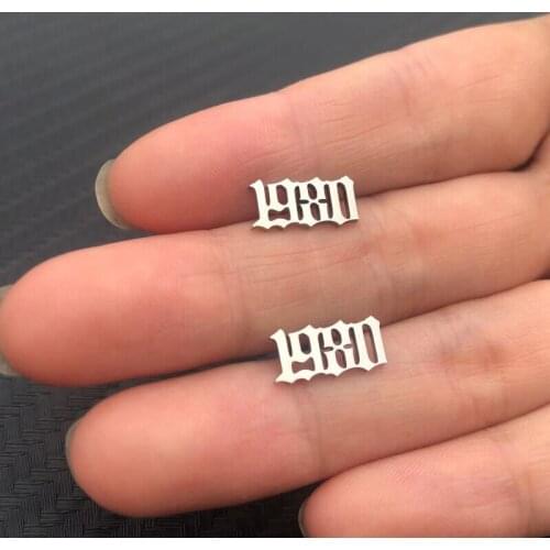 Personalize Stainless Steel Year Number Earrings for Women Girls Kids 1980 to 2019 Shaped Birth Date Stud Earrings Jewelry Gift
