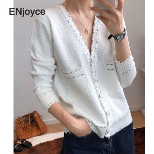 Vintage White Knitted Sweater Cardigans Tops Women Ribbed Ladies Single Breasted Sweaters Knitting Coats Workwear Spring Fall