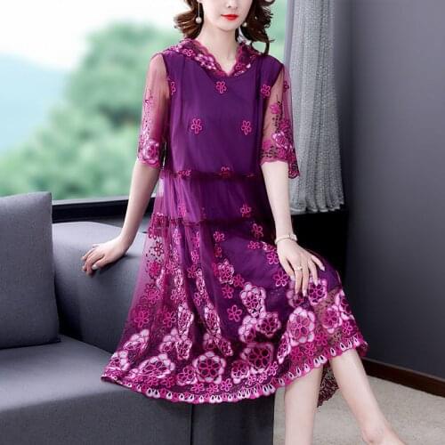 2021 Summer Women Half Sleeve Embroidery Purple Orange Flower Hooded Dress , Womans 4xl 5xl Dresses with A Hood