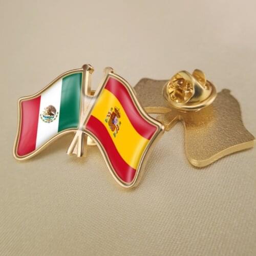 Mexico and Spain Crossed Double Friendship Flags Lapel Pins Brooch Badges